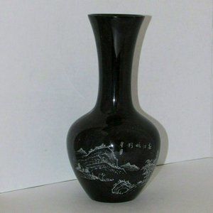 Vintage Black Marble Vase Heavy Chinese Etched Carved Stone 1980's Decor